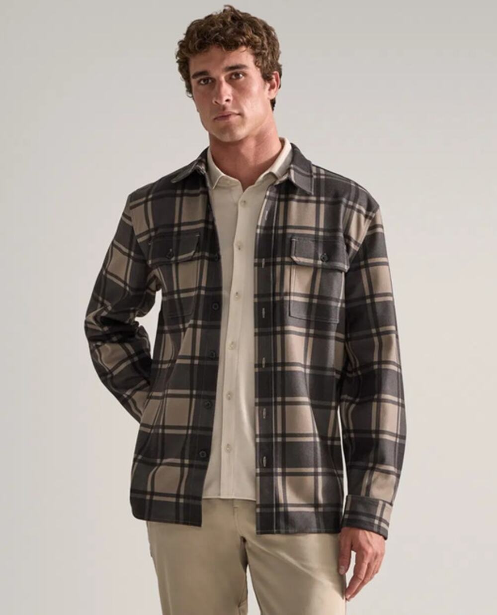 BYLT Coastal Overshirt Mens XL Plaid Flannel Button Down Fawn Tan Shacket